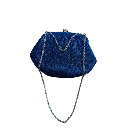 Vintage Blue Metallic Iridescent Evening Clutch Bag With Strap & Floral Clasp - Picture 8 of 8